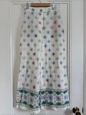 Zara White Embroidered Cropped Wide-Leg Pants with Multicolor Motif